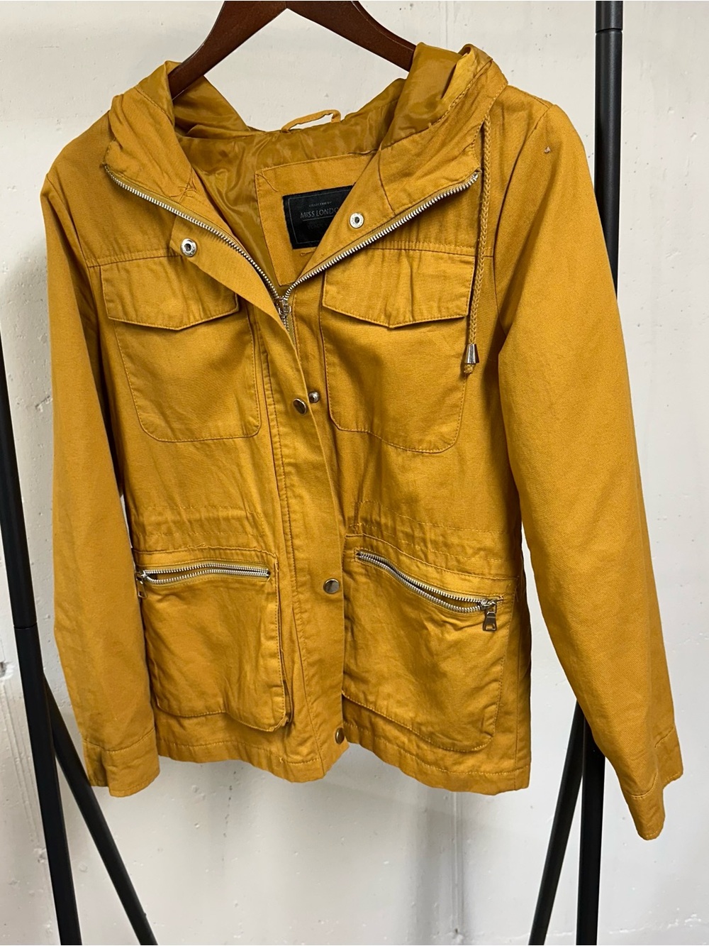 Miss London Yellow Hooded Utility Jacket with Zipper Pockets 🇺🇸